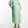 Little Mistress Plus - Vestito Midi Verde Salvia Con Scollo Profondo E Maniche Con Volant