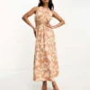 ASOS DESIGN - Vestito Midi Allacciato Al Collo Stampato Con Cut-out Sul Retro E Finiture Con Anello A D