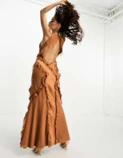 ASOS DESIGN Petite - Vestito Lungo In Misto Raso Color Ruggine Con Volant E Scollo A Vogatore -Vendite ASOS Maternity || RIVER ISLAND || Monki 204774310 3