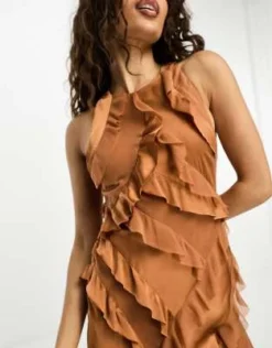 ASOS DESIGN Petite - Vestito Lungo In Misto Raso Color Ruggine Con Volant E Scollo A Vogatore -Vendite ASOS Maternity || RIVER ISLAND || Monki 204774310 4