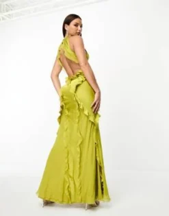 ASOS DESIGN Tall - Vestito Lungo In Raso Misto Verde Oliva Con Volant E Scollo A Vogatore -Vendite ASOS Maternity || RIVER ISLAND || Monki 204774350 2