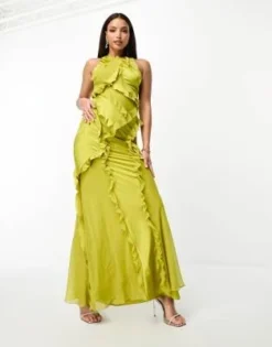 ASOS DESIGN Tall - Vestito Lungo In Raso Misto Verde Oliva Con Volant E Scollo A Vogatore -Vendite ASOS Maternity || RIVER ISLAND || Monki 204774350 4