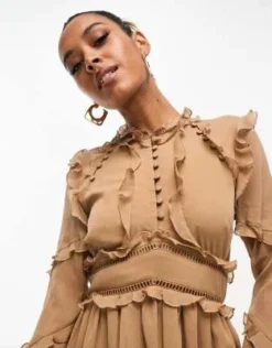 ASOS DESIGN - Vestito Corto Marrone Con Volant E Dettaglio Bottoni -Vendite ASOS Maternity || RIVER ISLAND || Monki 204777490 3