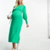 Mamalicious Maternity - Vestito Midi Verde Con Cintura Annodata E Scollo Ampio Sul Retro