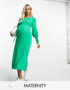 Mamalicious Maternity - Vestito Midi Verde Con Cintura Annodata E Scollo Ampio Sul Retro