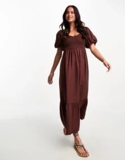 New Look - Vestito Midi Marrone Con Maniche A Sbuffo E Parte Superiore Arricciata -Vendite ASOS Maternity || RIVER ISLAND || Monki 204787494 4