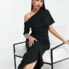 ASOS DESIGN - Vestito Longuette Nero Con Pieghe Sulle Spalle