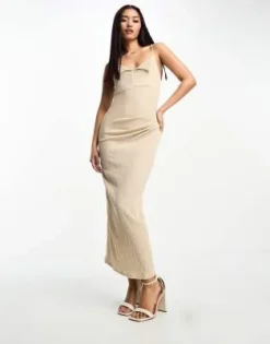 ASOS DESIGN - Vestito Midi Con Lacci Color Pietra Testurizzato Con Risvolto Sul Busto