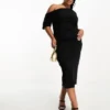 ASOS DESIGN Curve - Vestito Longuette Nero Con Pieghe Sulle Spalle