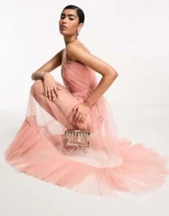 Lace & Beads - Vestito Midi Da Damigella Monospalla Color Cipria In Tulle Trasparente -Vendite ASOS Maternity || RIVER ISLAND || Monki 204804832 4