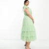 Esclusiva Lace & Beads Plus - Vestito Midi A Balze Verde Salvia Con Spalline Annodate