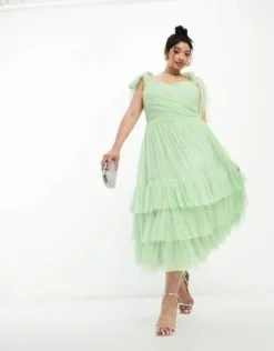 Esclusiva Lace & Beads Plus - Vestito Midi A Balze Verde Salvia Con Spalline Annodate -Vendite ASOS Maternity || RIVER ISLAND || Monki 204805572 4