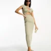 ASOS DESIGN - Vestito Midi Verde Salvia Con Bustino Intrecciato, Cut-out E Maniche Ad Aletta