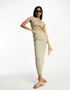 ASOS DESIGN - Vestito Midi Verde Salvia Con Bustino Intrecciato, Cut-out E Maniche Ad Aletta