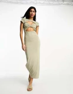 ASOS DESIGN - Vestito Midi Verde Salvia Con Bustino Intrecciato, Cut-out E Maniche Ad Aletta -Vendite ASOS Maternity || RIVER ISLAND || Monki 204807195 4