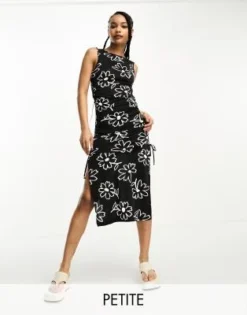 Esclusiva JDY Petite - Vestito Midi Con Apertura A Goccia E Spacco Laterale Nero A Fiori Bianchi