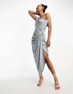 ASOS DESIGN - Vestito Midi Drappeggiato Grigio Tenue Con Spalle Scivolate E Dettaglio Ad Anello