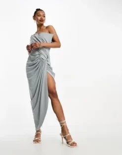 ASOS DESIGN - Vestito Midi Drappeggiato Grigio Tenue Con Spalle Scivolate E Dettaglio Ad Anello -Vendite ASOS Maternity || RIVER ISLAND || Monki 204812010 4