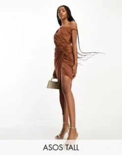 ASOS DESIGN Tall - Vestito Midi Cioccolato Con Spalle Scese Drappeggiate E Dettaglio Ad Anello