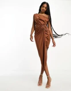ASOS DESIGN Tall - Vestito Midi Cioccolato Con Spalle Scese Drappeggiate E Dettaglio Ad Anello -Vendite ASOS Maternity || RIVER ISLAND || Monki 204812022 4