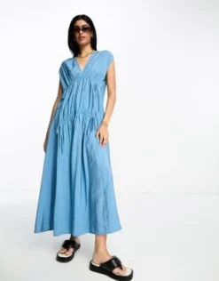 ASOS DESIGN - Vestito Midi Blu Con Laccetti