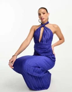 ASOS DESIGN Tall - Vestito Lungo Plissé Blu Cobalto Con Scollo Profondo E Allacciatura Al Collo -Vendite ASOS Maternity || RIVER ISLAND || Monki 204820046 4