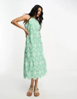River Island - Vestito Midi Verde Bicolore In Pizzo Sangallo
