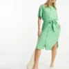 Monki - Vestito Camicia Midi Allacciato In Vita Verde Fiore Di Campo
