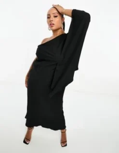 ASOS DESIGN Curve - Vestito Lungo Monospalla Nero Con Maniche Ampie -Vendite ASOS Maternity || RIVER ISLAND || Monki 204825205 4