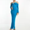 ASOS DESIGN Tall - Vestito Lungo A Maniche Lunghe Blu Con Spalle Scoperte E Laccio Sul Davanti