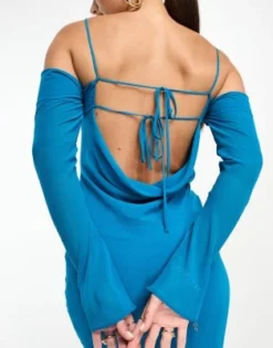 ASOS DESIGN Tall - Vestito Lungo A Maniche Lunghe Blu Con Spalle Scoperte E Laccio Sul Davanti -Vendite ASOS Maternity || RIVER ISLAND || Monki 204830925 3