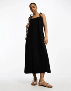 New Look - Vestito Midi In Jersey Nero Con Spalline Sottili