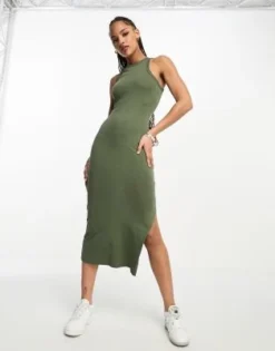 New Look - Vestito Midi Kaki Scuro Con Scollo A Vogatore