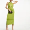 ASOS DESIGN - Vestito Midi Verde Oliva Allacciato Al Collo Sinuoso