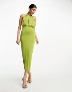ASOS DESIGN - Vestito Midi Verde Oliva Allacciato Al Collo Sinuoso -Vendite ASOS Maternity || RIVER ISLAND || Monki 204843184 4