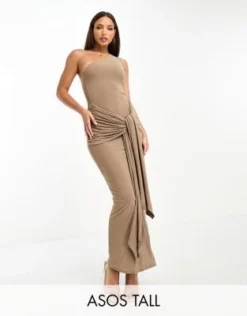 ASOS DESIGN Tall - Vestito Midi Grigio Monospalla Con Nodo Raccolto Oversize