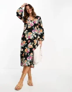 Vila - Vestito Midi Nero A Fiori Con Scollo A V -Vendite ASOS Maternity || RIVER ISLAND || Monki 204851174 4