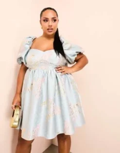 ASOS LUXE Curve - Vestito Corto In Jacquard Con Maniche A Sbuffo E Decorazioni Con Stampa Blu -Vendite ASOS Maternity || RIVER ISLAND || Monki 204860405 2