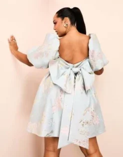 ASOS LUXE Curve - Vestito Corto In Jacquard Con Maniche A Sbuffo E Decorazioni Con Stampa Blu -Vendite ASOS Maternity || RIVER ISLAND || Monki 204860405 4