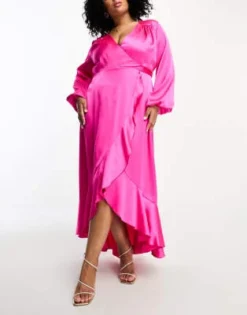 Flounce London Plus - Vestito Midi A Portafoglio In Raso Fucsia A Maniche Lunghe -Vendite ASOS Maternity || RIVER ISLAND || Monki 204868952 4