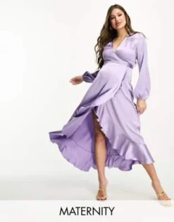 Flounce London Maternity - Vestito Lungo In Raso Lavanda A Portafoglio A Maniche Lunghe