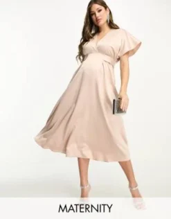 Flounce London Maternity - Vestito Midi Con Maniche A Kimono Color Cipria