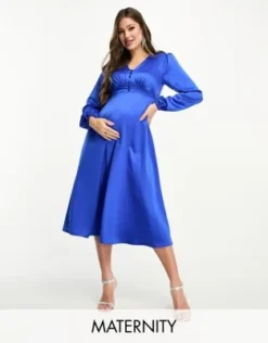 Flounce London Maternity - Vestito Midi Blu Con Bottoni