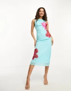 ASOS DESIGN Petite - Vestito Lungo Con Scollo Asimmetrico Blu Con Stampa A Fiori -Vendite ASOS Maternity || RIVER ISLAND || Monki 204869107 4