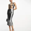 ASOS DESIGN - Vestito Midi Argento Metallizzato Con Cut-out Sul Davanti