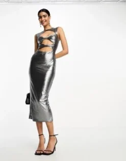 ASOS DESIGN - Vestito Midi Argento Metallizzato Con Cut-out Sul Davanti