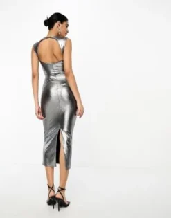 ASOS DESIGN - Vestito Midi Argento Metallizzato Con Cut-out Sul Davanti -Vendite ASOS Maternity || RIVER ISLAND || Monki 204869109 3