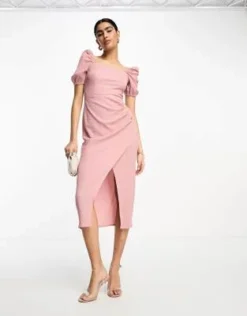 ASOS DESIGN - Vestito Midi Con Scollo Squadrato E Maniche A Sbuffo Rosa Polvere Testurizzato