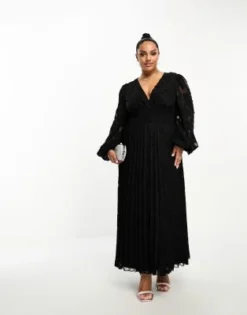 ASOS DESIGN Curve - Vestito Midi A Pieghe Nero Dévoré Con Vita Arricciata E Bottoni