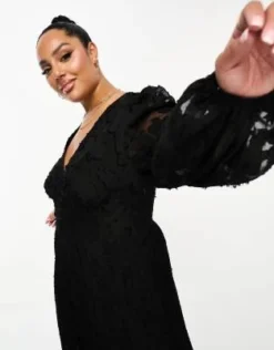 ASOS DESIGN Curve - Vestito Midi A Pieghe Nero Dévoré Con Vita Arricciata E Bottoni -Vendite ASOS Maternity || RIVER ISLAND || Monki 204874347 3